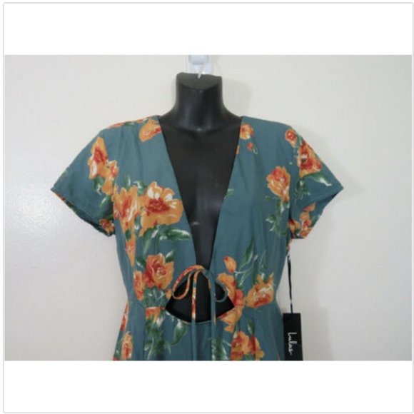 Lulus Short Sleeve Floral Midi Dress Green Cut Out - Picture 3 of 8